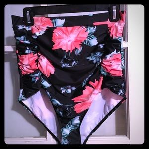 Floral Retro High-Waisted Ruched Bikini Bottoms